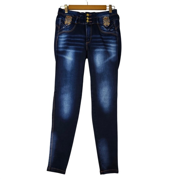 Bon Bonlip Denim - Bon Bonup Womens High Waisted Embroidered Dark Wash Skinny Jeans Blue Size 28